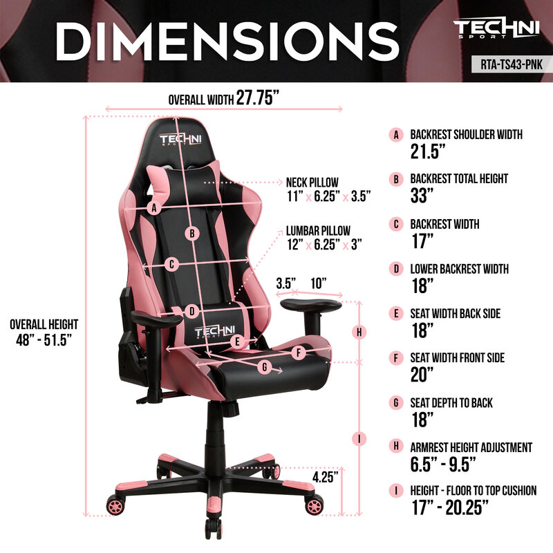Pink Techni Sport TS-4300 Ergonomic High Back Racer Style PC Gaming Chair with Lumbar Support and Armrests