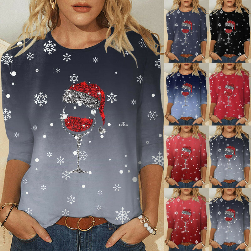 Women Casual Three Quarter Sleeve Tops Round Neck Christmas Print Loose Tunic Top