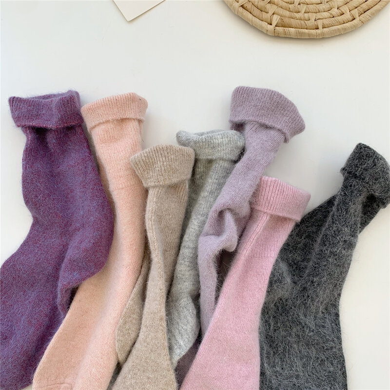 Зимние женские носки из кроличьей шерсти, однотонные кашемировые шерстяные Утепленные длинные носки, женские теплые носки Harajuku