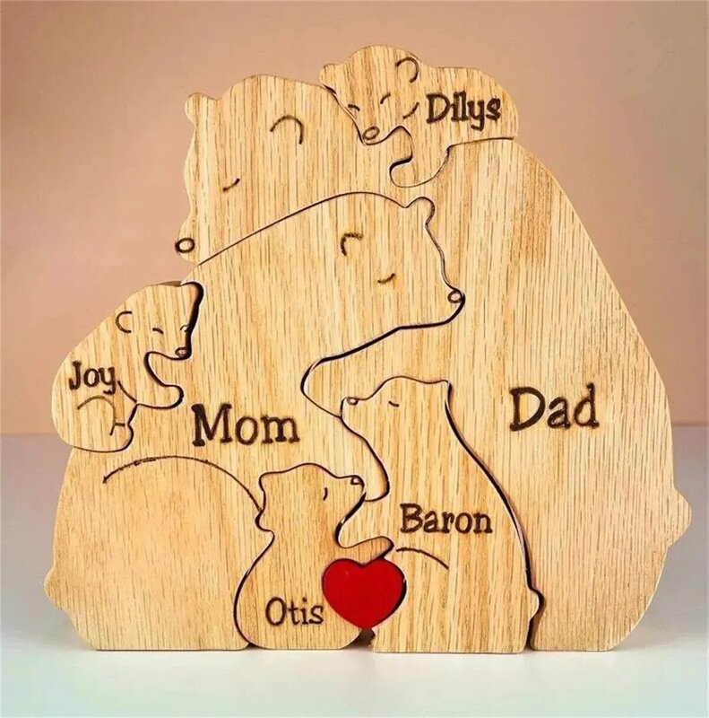 Ornamen keluarga beruang ukiran kayu DIY gratis ukiran nama kustom Puzzle kustomisasi multi-bahasa hadiah ulang tahun Ibu