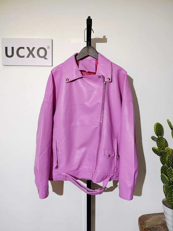 UCXQ Orange 2023 SM4037, jaket kulit Pu longgar ritsleting, mantel wanita lengan panjang