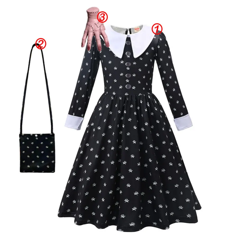 Kids Evening Party Clothes Wednesday Girl Costume for Carnival Halloween Black Events Cosplay Dress Fashion Gothic Vestido 3-12T