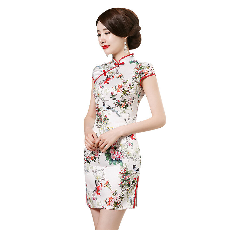 Женское Короткое платье-Ципао с цветочным принтом, приталенное Повседневное платье в китайском ретро-стиле для молодых людей, для весны и лета, 1 шт.