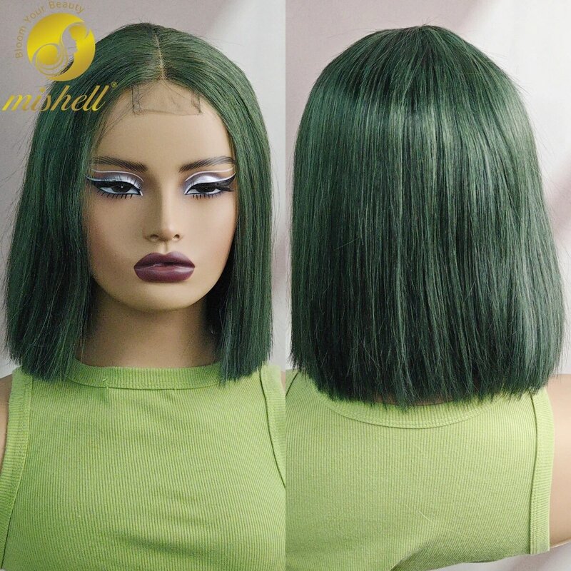 Wig Bob lurus hijau dengan kepadatan 180% Wig rambut manusia 2x6 Wig Bob berwarna lurus pendek renda Wig rambut wanita Brasil awet
