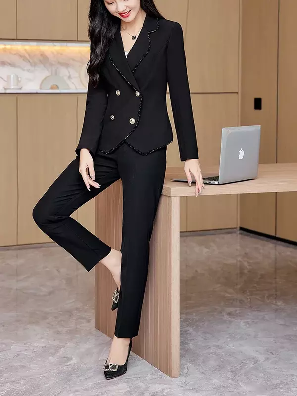 Элегантный офисный женский брючный костюм, Женская Деловая одежда для работы, блейзер и брюки черного, зеленого, винного цветов, официальный комплект из 2 предметов