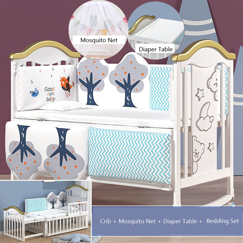 سرير أطفال خشبي مع شبكة ناموسية وطاولة حفاضات ، طقم مفارش سرير ، سرير جانبي ، أو م