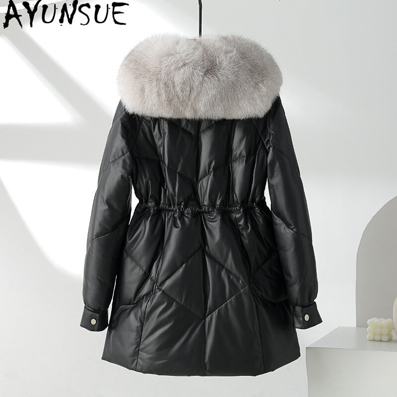 AYUNSUE-Jaqueta de couro de carneiro para mulheres, 90% casaco ganso branco, gola de pele raposa, jaquetas de couro soltas, moda coreana, 100% pele de carneiro real