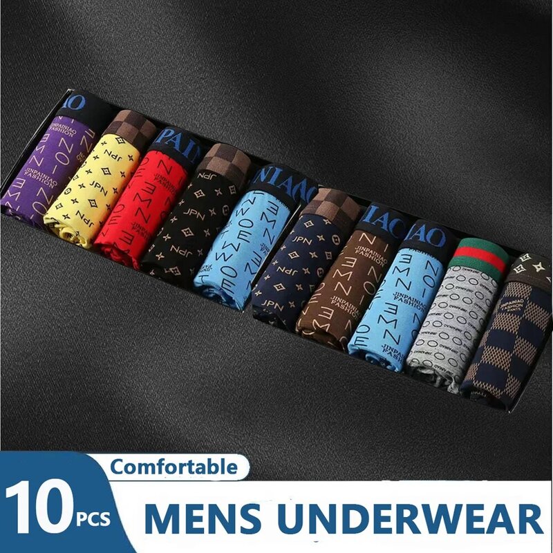 10PCS/LOT Men's Underwear Traceless Antibacterial Breathable Quick Drying Trendy Print Summer Boys Thin Flat Corner Underwear