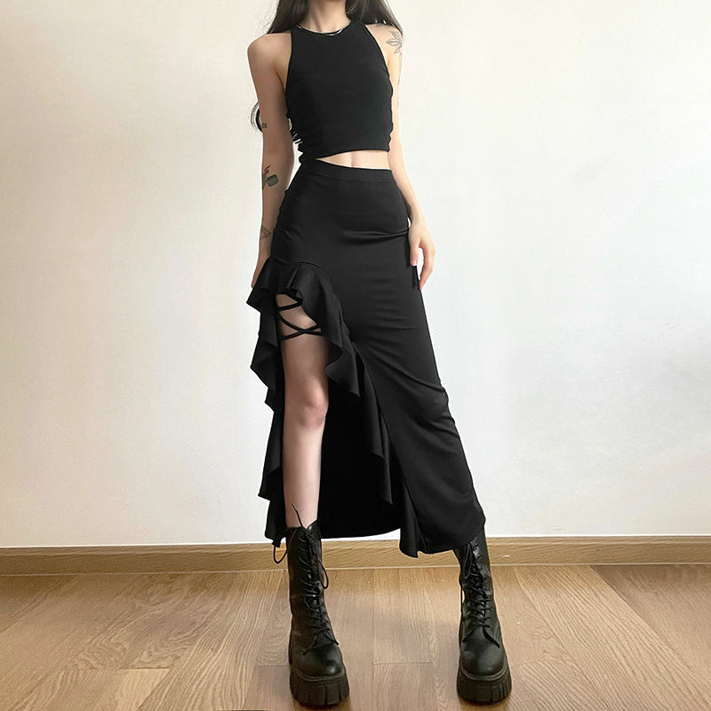 Deeptown-Jupes longues gothiques noires pour femmes, taille haute, à volants punk, jupes irrégulières fendues midi sexy, streetwear féminin, batterie con Y2K