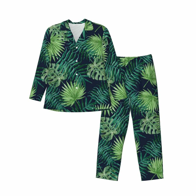 Conjunto de pijama estampado de folhas tropicais masculinas, terno doméstico, pijamas na selva tropical, mangas compridas, casual, romântico, grande, 2 peças