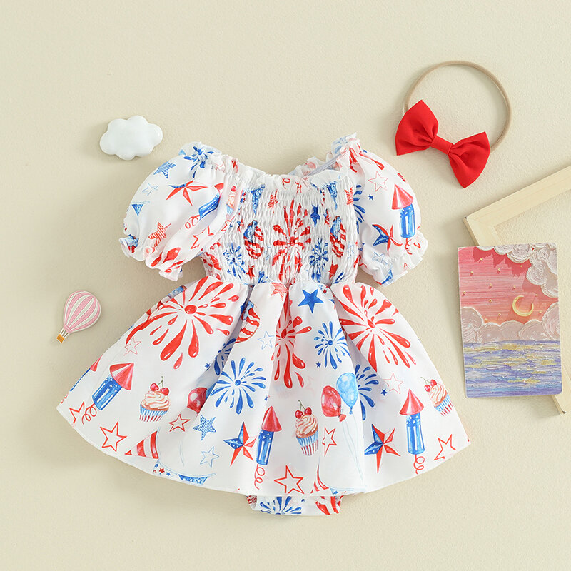 Baby Girl 4th of July Romper Dress Star Balloon Print Short Puff Sleeve Shirred Jumpsuit with Bow Headband