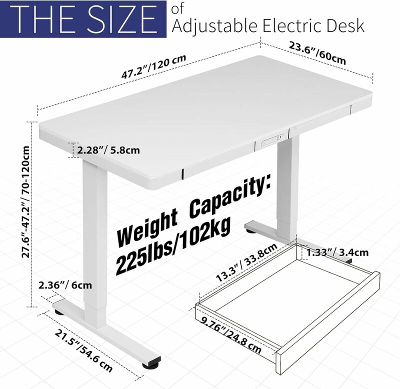TOPSKY regulowany elektrycznie stojące biurko z szufladami i ładującym portem USB, cały kawałek komputera szybki montaż 47.2 "x 23.6"