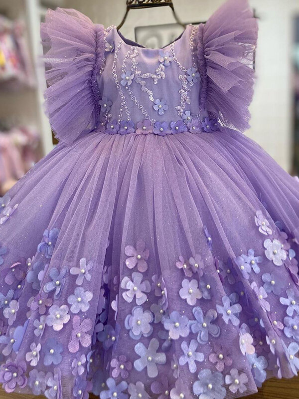 Abito da ragazza di fiori per matrimonio Puffy Purple o-collo 3d Applique Tulle con fiocco Baby Princess Birthday Party Ball Gowns
