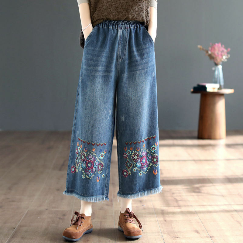 Женские летние винтажные свободные простые вышитые джинсы в этническом стиле с высокой талией, женская одежда, повседневные универсальные укороченные брюки