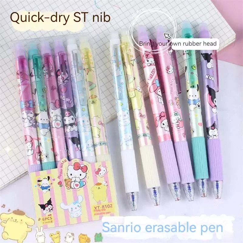 Sanrio 24 buah pena Gel dapat dihapus Cinnamonroll Kuromi Melody 0.5 siswa biru menulis cepat kering dan mudah dihapus alat tulis lucu