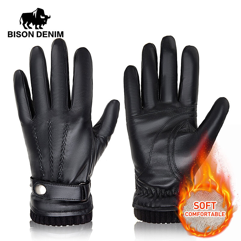 BISON DENIM-guantes de piel de oveja para hombre, manoplas de dedo completo forradas de Cachemira, cálidas, para conducción, invierno, 2023