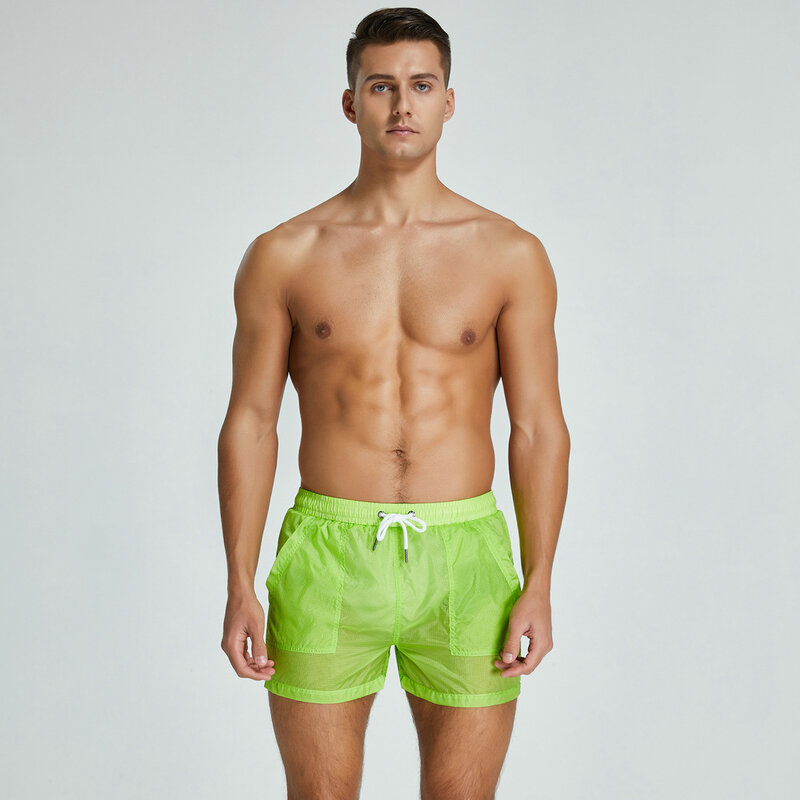 Calças esportivas masculinas semitransparent leve calças esportivas de fitness masculino calças de praia