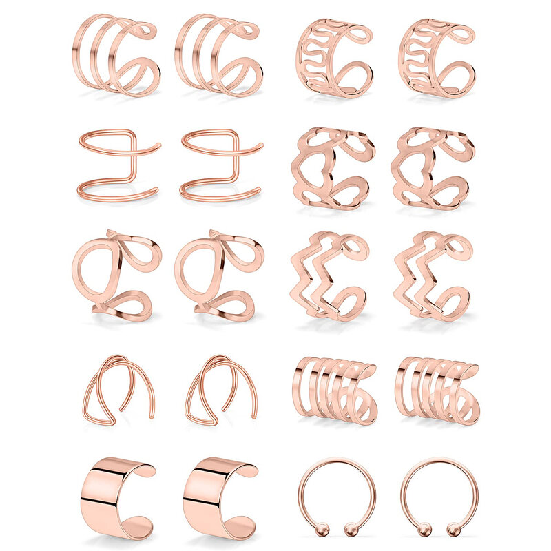 2-20pcs Rosegold Stainless Steel Adjustable Non-Piercing Cartilage Clip On Wrap Earrings Fake Helix Ear Cuff Fake Lip Nose Ring