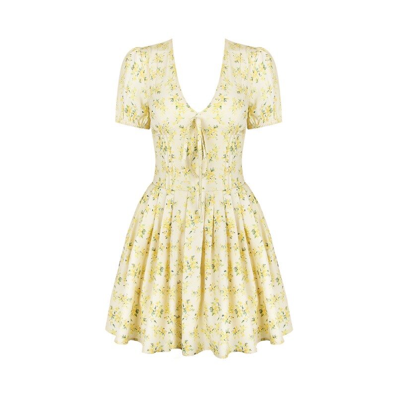 TRAUXY-Mini vestido floral de manga curta com V profundo feminino, dobras forrado, patchwork, vestido de baile, verão