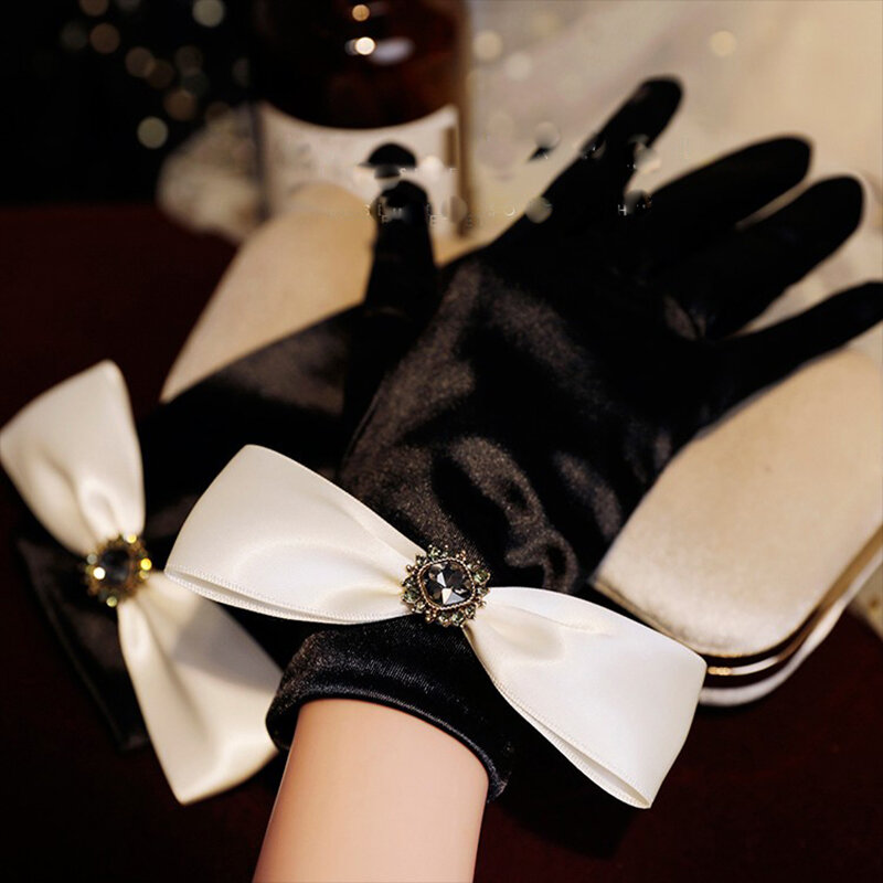 جديد الأصلي Gloves قفازات هيبورن الأسود الساتان رقيقة Bowknot مرحلة مأدبة العروس اكسسوارات