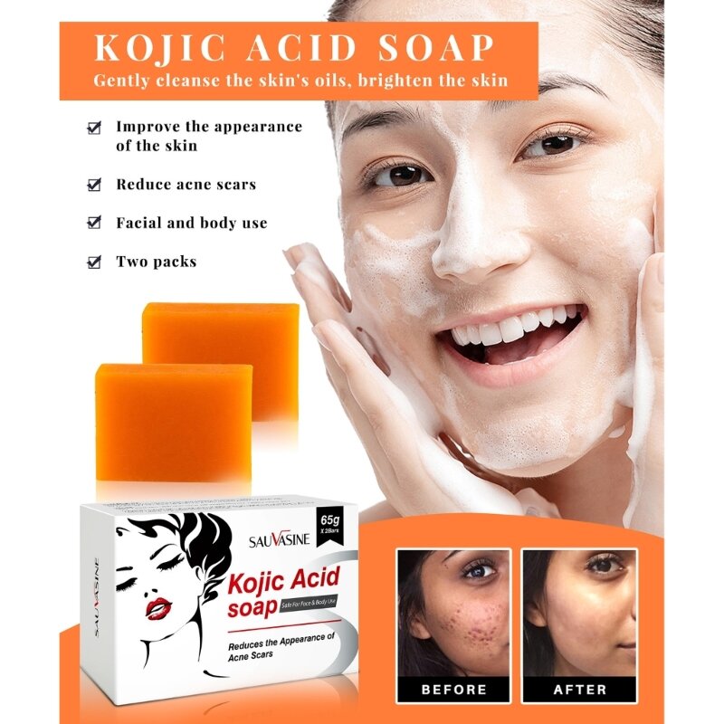 E5XZ 2 ชิ้น Kojic Acid Face Body Bath สบู่ปลอดภัยสบู่ธรรมชาติสำหรับผู้ชายผู้หญิงเรืองแสง Hydrated Blackheads แต่งหน้าสบู่