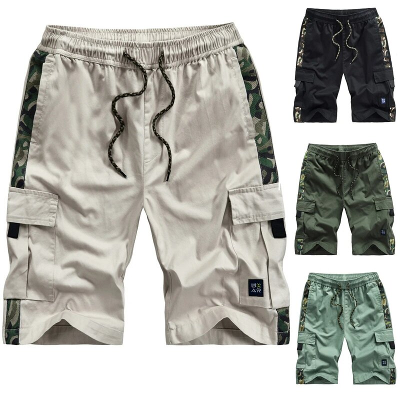 Men Cargo Shorts Summer Fashion Casual Camouflage Printed Splicing Solid Shorts Loose Drawstring Elastic Waist Overalls Shorts
