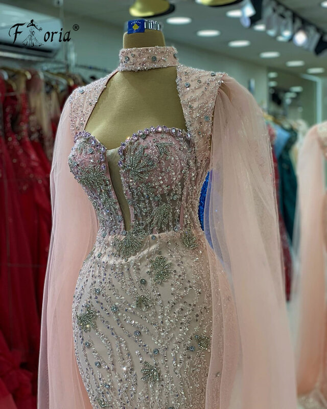 Dubai Mermaid Evening Dresses com contas de cristal, xale longo, bornes lindos, vestido de baile de festa, 2023