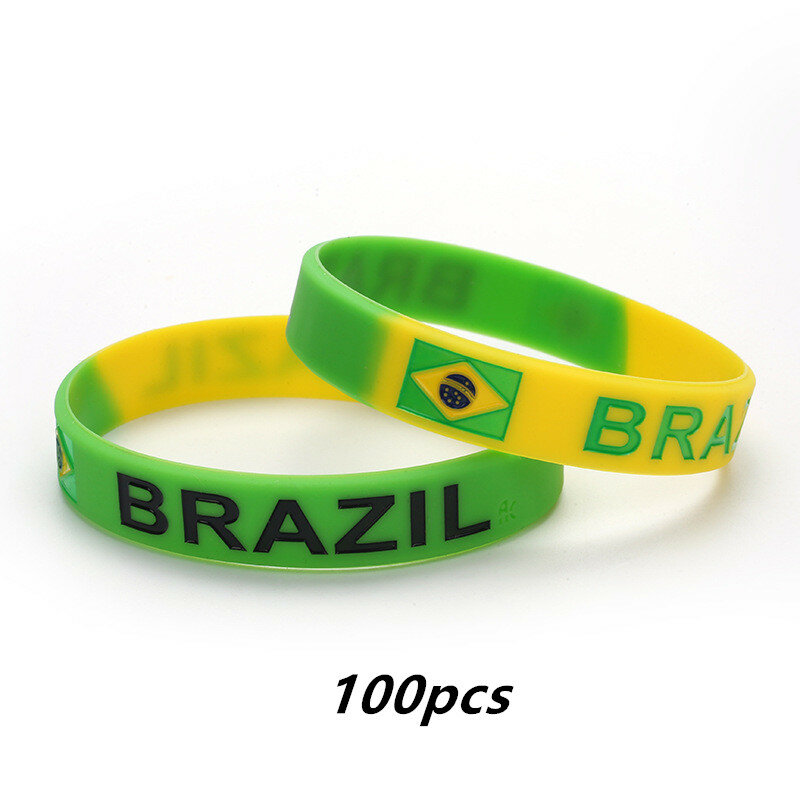 Pulseras de silicona con grabado de la bandera de Brasil para hombres y mujeres, pulseras deportivas, correa de muñeca nacional, accesorios de banda de goma, venta al por mayor, 100 piezas