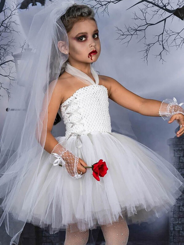 Pakaian Zombie anak perempuan hantu pengantin gaun pernikahan putih vampir Halloween anak perempuan kostum Cosplay ponco