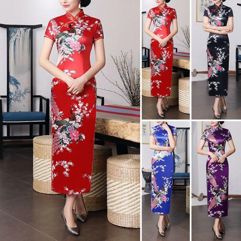 Gaun perempuan gaya nasional Cina pola bunga kerah berdiri lengan pendek sisi tinggi Split simpul Cina kancing Cheongsam