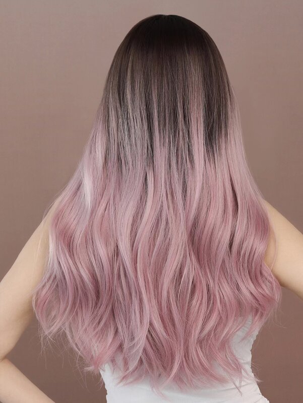 Peruca sintética longa encaracolada para mulheres, cabelo roxo gradiente rosa, onda grande no centro, natural, nova