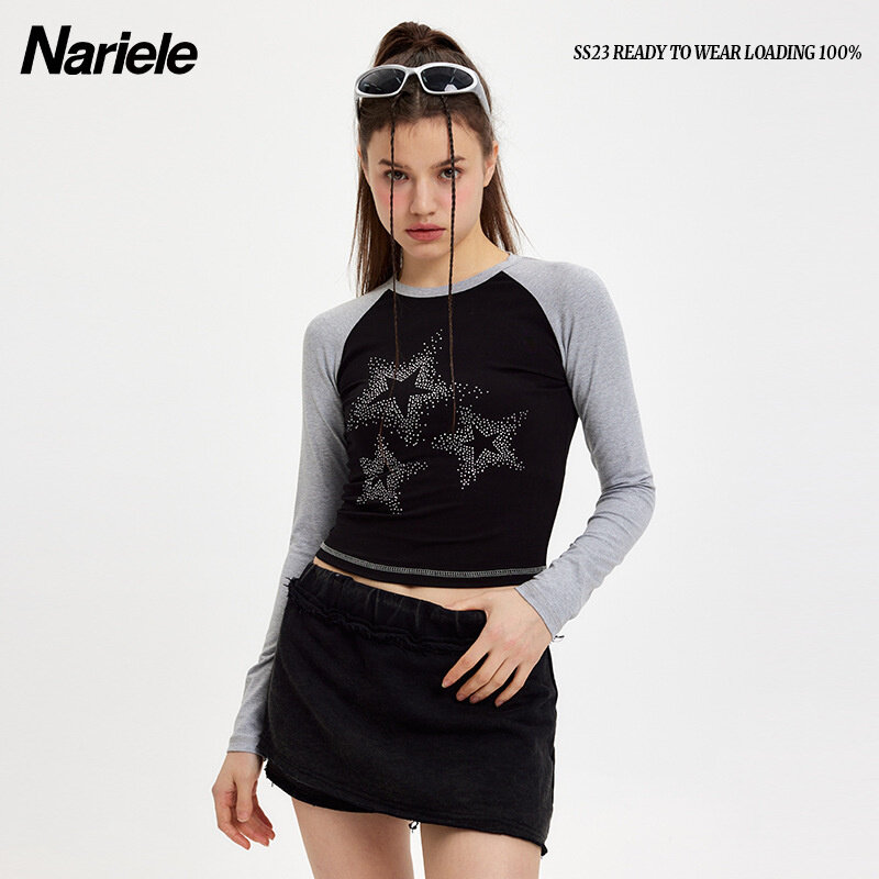 Fashion Tops Y2k Clothes 2023 Early Spring New Sweet Short Round Neck T-shirt Women's Contrast Slim Raglan Long Sleeve Top