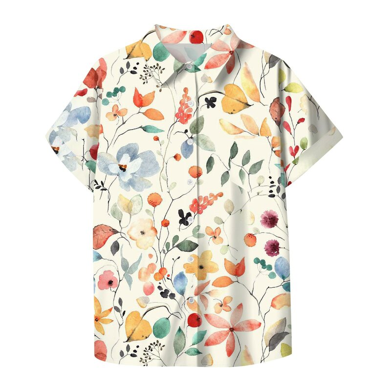 Blusa floral feminina, manga curta, single-breasted, estampado em flores, lapela, tops casuais, diário, fim de semana