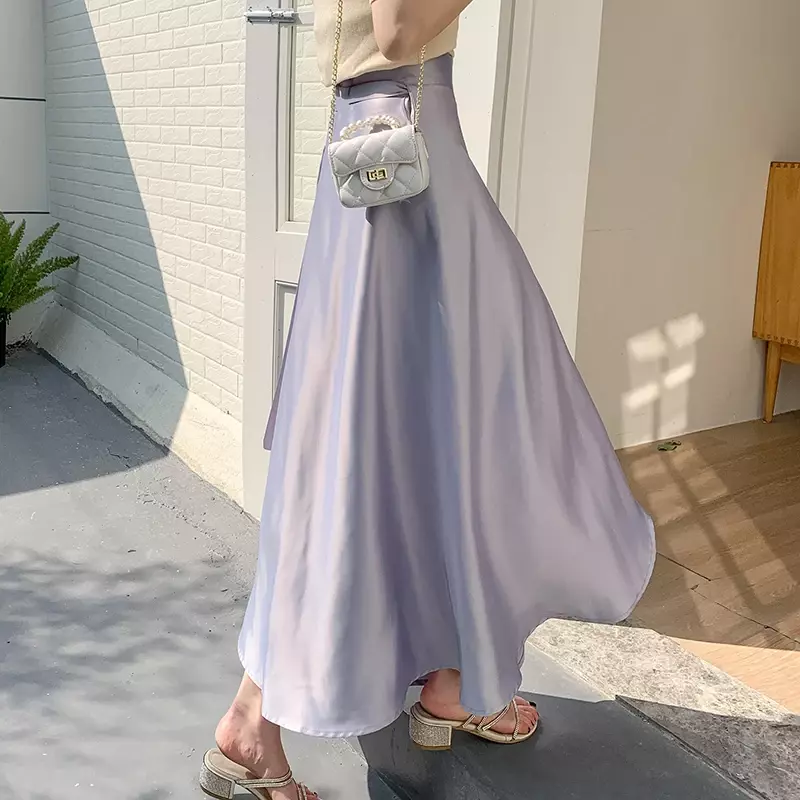 Light Blue Satin Skirt Summer High Waisted Wrapped One-Piece Long Skirts Irregular Champagne Satin Skirts Party Elegant Outfits