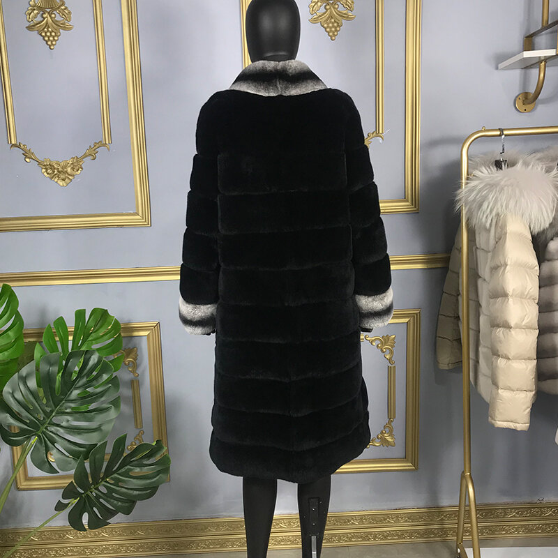Casaco de pele de coelho genuíno estilo longo para mulheres, sobretudos quentes com gola alta, jaqueta grossa customizável, inverno nova moda