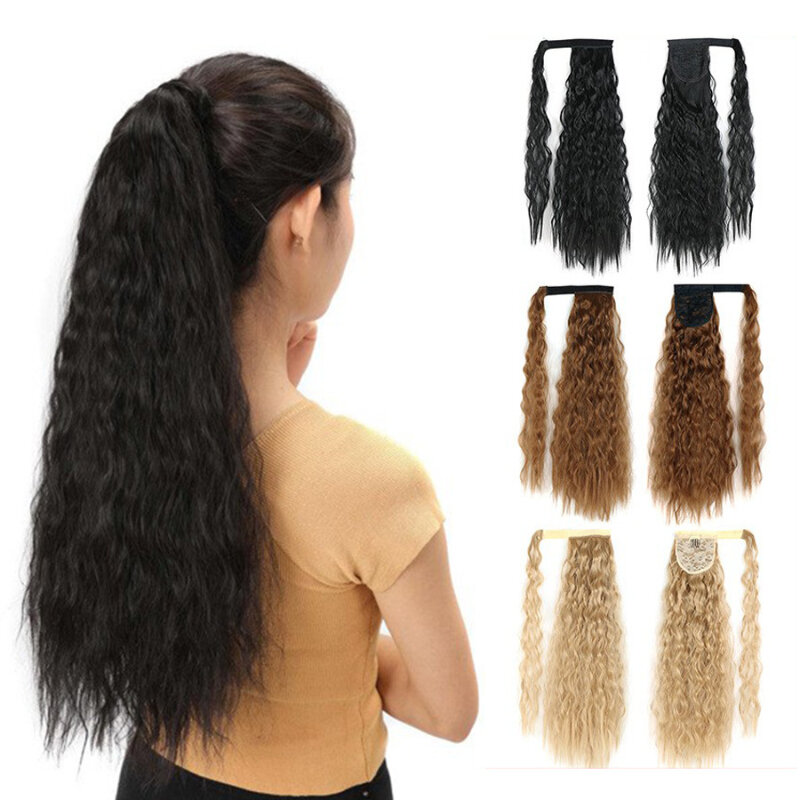 22 Inch Extra Long Synthetic Corn Hot Velcro Fiber Fake Ponytail Clip in Pony Tails Hair Extension Flurry Wavy Wig for Woman Use