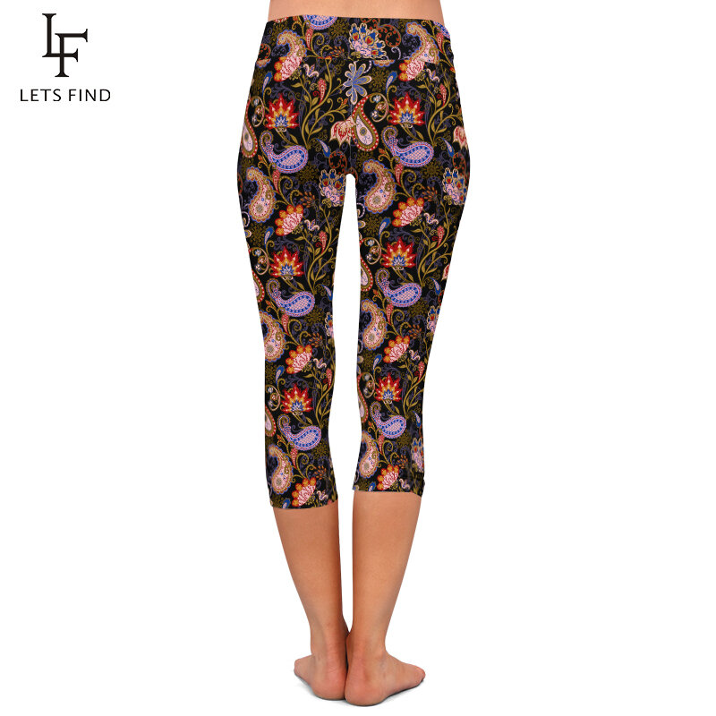 LETSFIND ฤดูร้อนใหม่ผู้หญิง Leggings 3D Paisley พิมพ์ Capri กางเกงขายาวสูงเอวยืดเซ็กซี่กลางลูกวัว3/4กางเกง