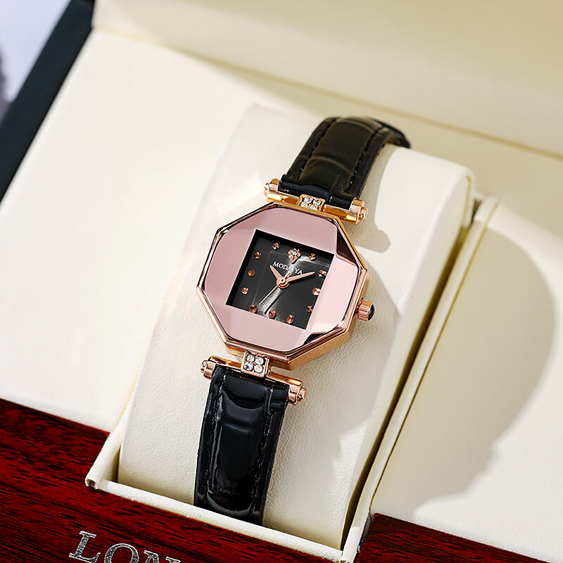 Nova moda rosa de ouro relógios femininos pulseira couro marca luxo strass senhoras vestido relógio quartzo relogio feminino montre