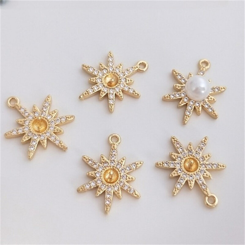 Paquete de oro de 14K con Micro incrustaciones de circón, Mangxing de copo de nieve, colgante de perla de medio agujero, colgante de collar de estrella DIY K186