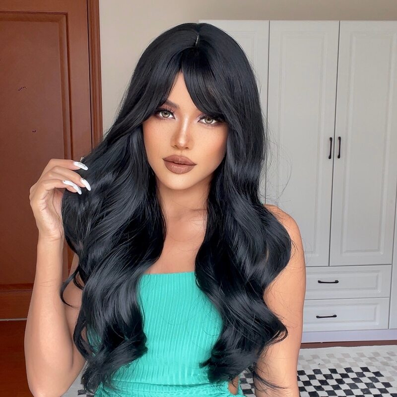 Long Black Wavy Synthetic Wigs with Bangs for Women Body Wave Wigs Cosplay Daily Natural Use Hair Heat Resistant