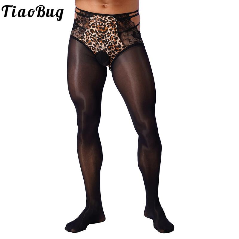 Meia-calça de lingerie brilhante com óleo masculino, cintura dupla, renda floral, oca fora, meia-calça 8D de alta densidade brilhante, meias para boate