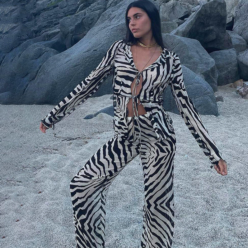 Zebra prążkowany bandaż Y2k długi rękaw topy i spodnie garnitur Sexy dorywczo dwuczęściowy zestaw stroje plażowe dresów kobiet