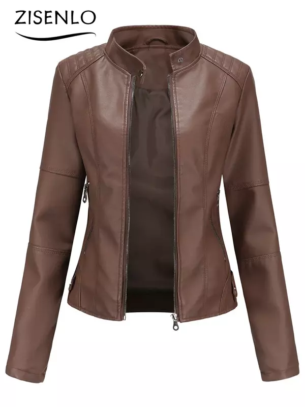Jaqueta de couro feminina de manga comprida, casaco de motociclista streetwear, jaquetas casuais, roupas da moda, outono e inverno, novidade
