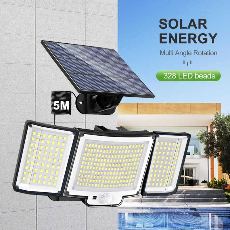 Lâmpada solar impermeável ao ar livre com sensor de movimento, holofote poderoso para garagem de jardim, 348LED, 126 LED, 328LED