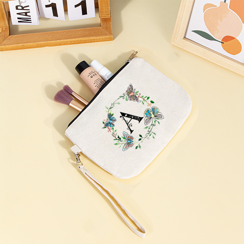 Bolsa de maquillaje de lona con patrón de letras de mariposa y loto, bolso de gran capacidad, bolso de almacenamiento multifuncional, bolso de mano para mujer