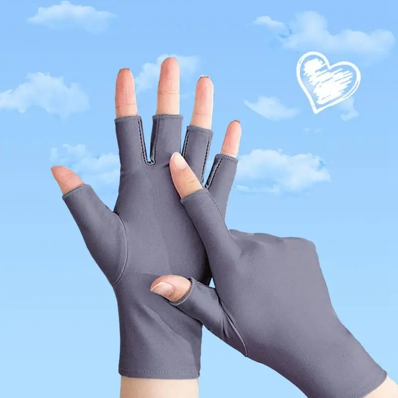 Sarung tangan setengah jari wanita, sarung tangan kasual elastis Anti-UV warna hitam putih abu-abu musim panas dingin tipis pendek