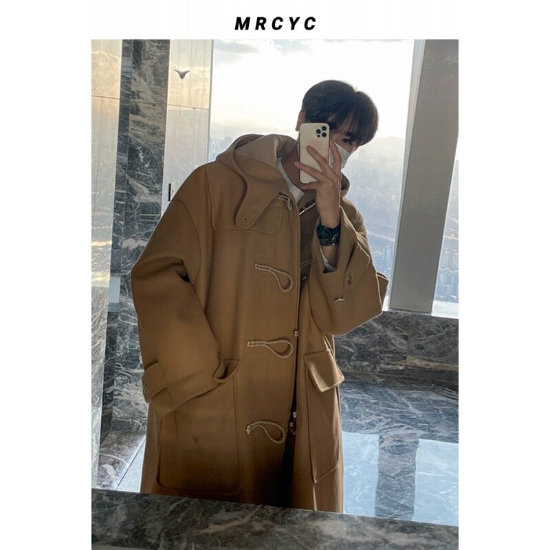 Wełniany płaszcz męski zimowy koreański luźny róg guzik do połowy długości Retro wiatrówka z kapturem odzież wierzchnia Retro moda