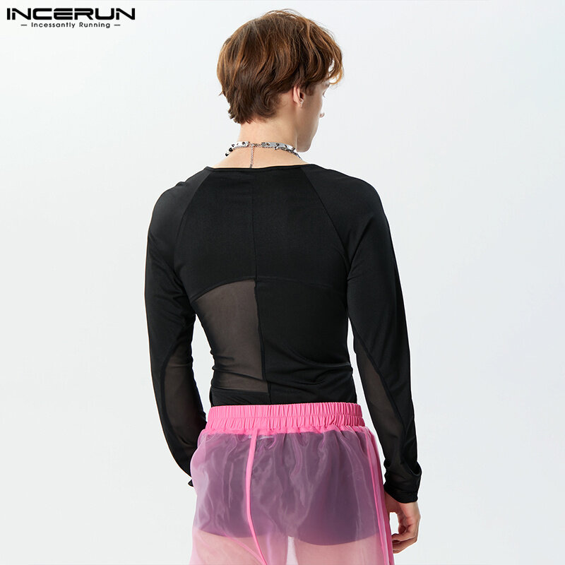 INCERUN 2023 seksowny styl męska odzież domowa z siatką przesędne kombinezony stylowe trójkątne body z długimi rękawami S-3XL