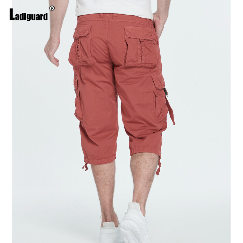 Ladiguard Plus Size Men Cargo Shorts Khaki Gray Knee-length Pants with Pocket 2023 Summer Casual Street Half Pants Mens Clothing
