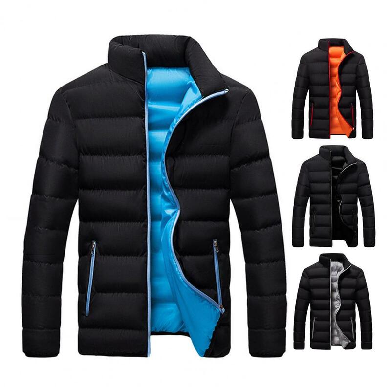 Warm Men Jacket Stylish Men's Cotton Jacket with Stand Collar Zipper Pocket Warm Winter Coat for Casual Outwear Loose Fit Male
